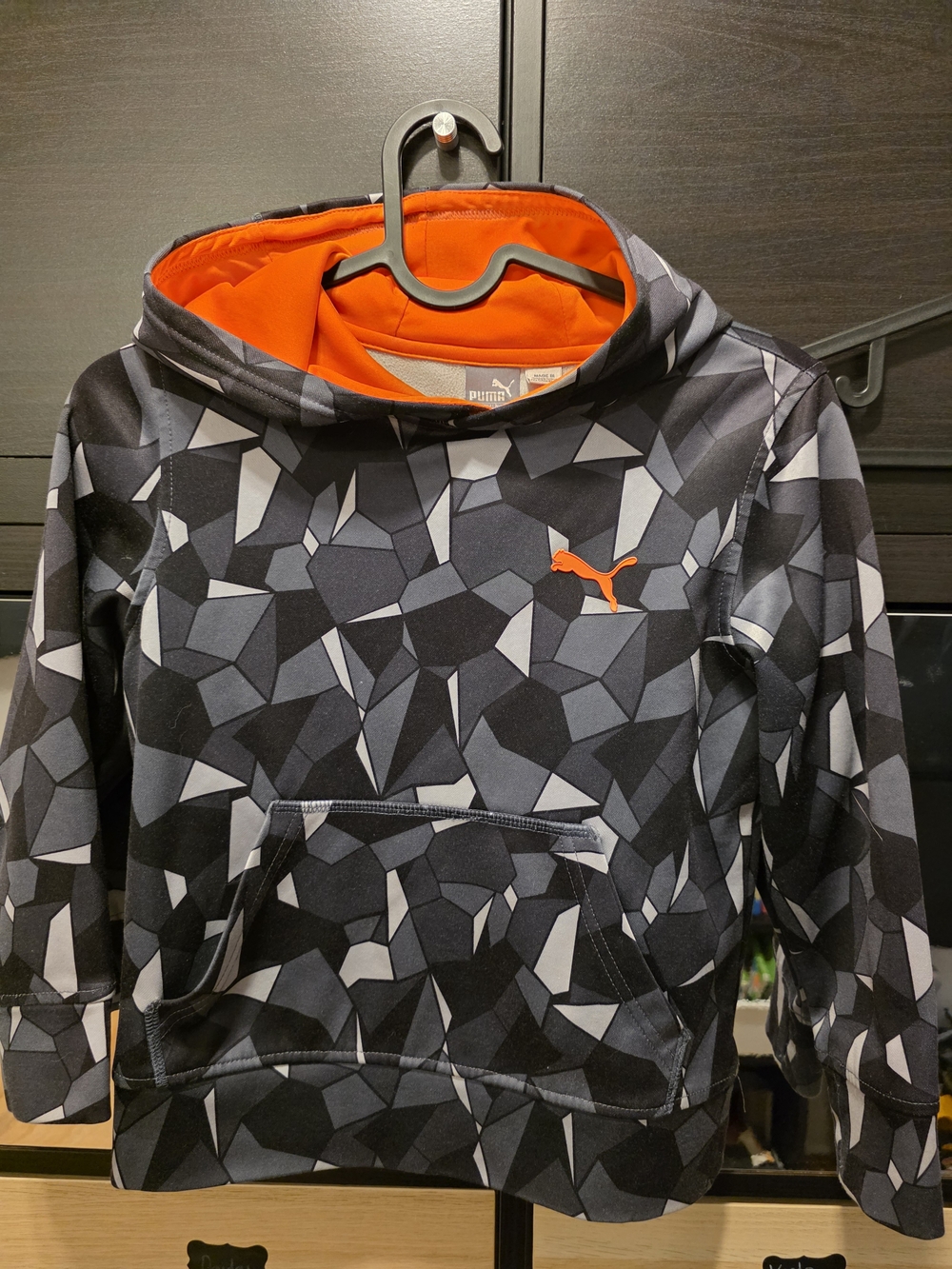 Puma Kids' Black & Gray Geometric Hoodie with Orange Logo